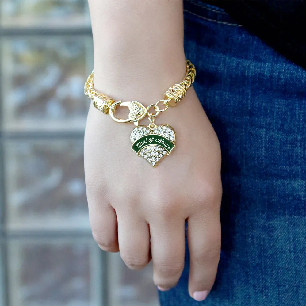 Gold Forest Green Maid of Honor Pave Heart Charm Braided Bracelet