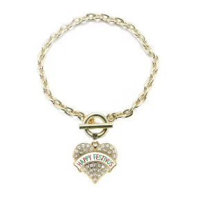 Gold Happy Festivus Pave Heart Charm Toggle Bracelet