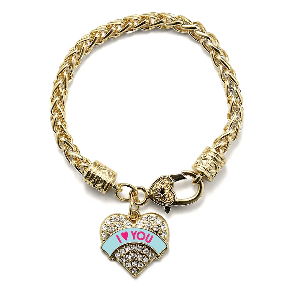 Gold I Love You Teal Candy Pave Heart Charm Braided Bracelet