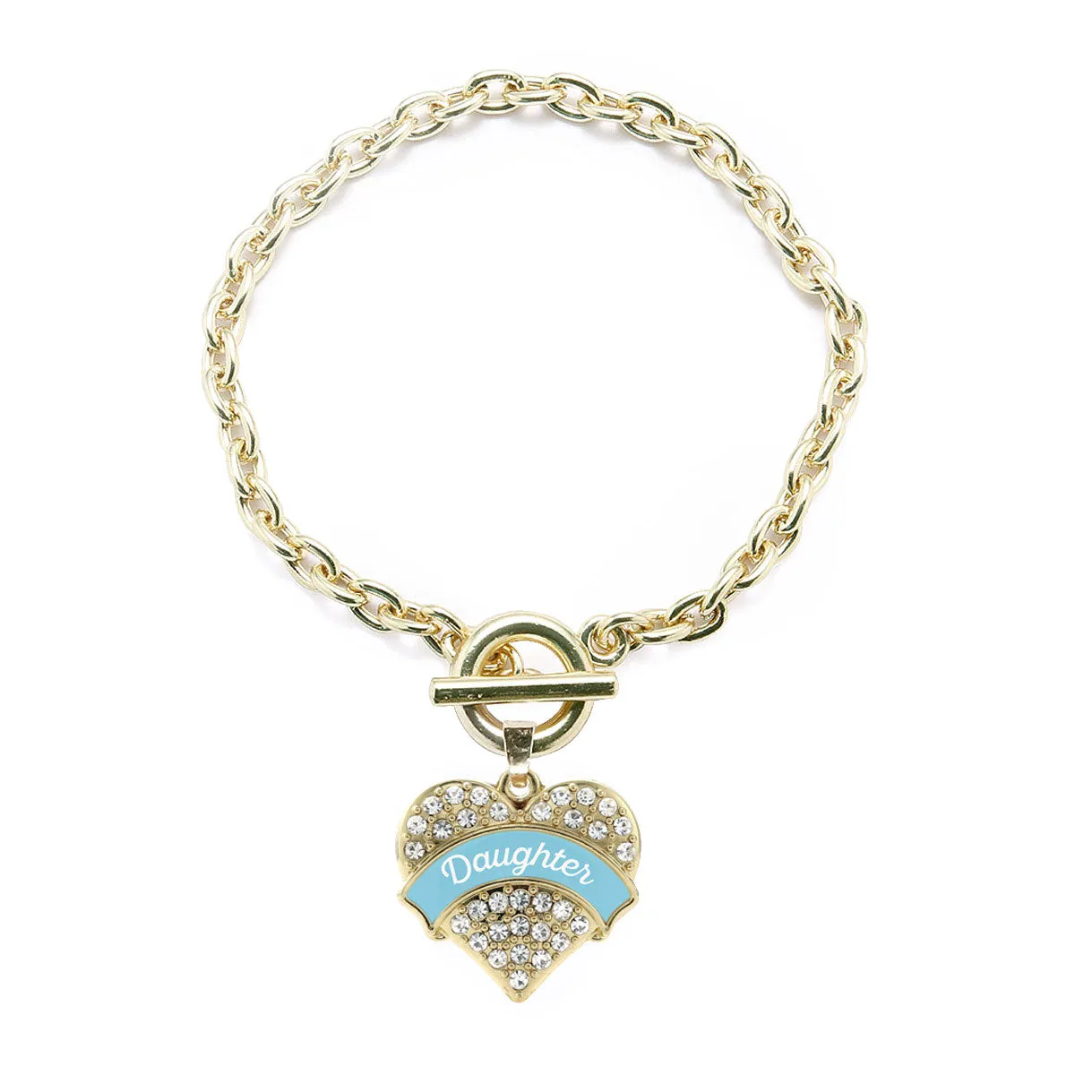 Gold Light Blue Daughter Pave Heart Charm Toggle Bracelet