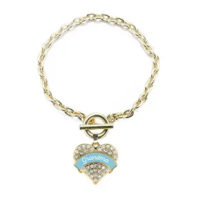 Gold Light Blue Grandma Pave Heart Charm Toggle Bracelet