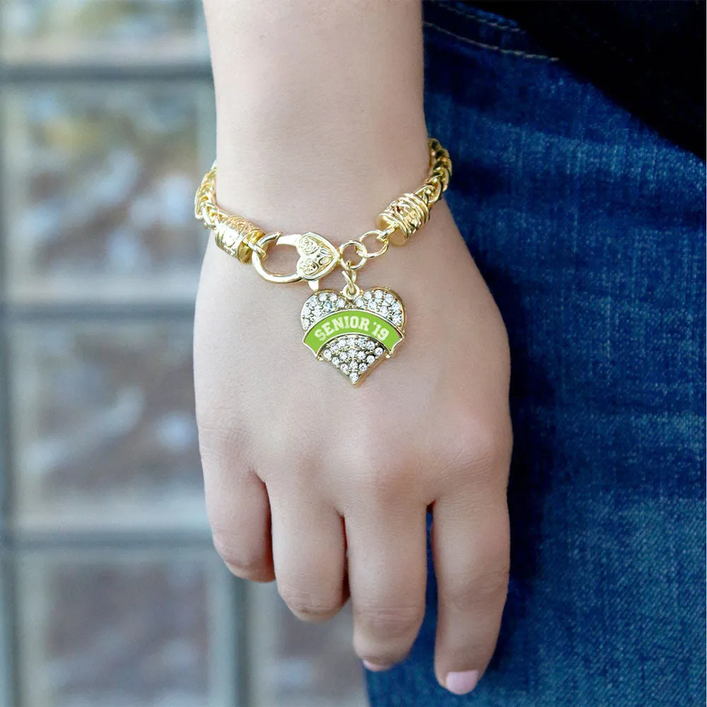 Gold Lime Green Senior 2019 Pave Heart Charm Braided Bracelet