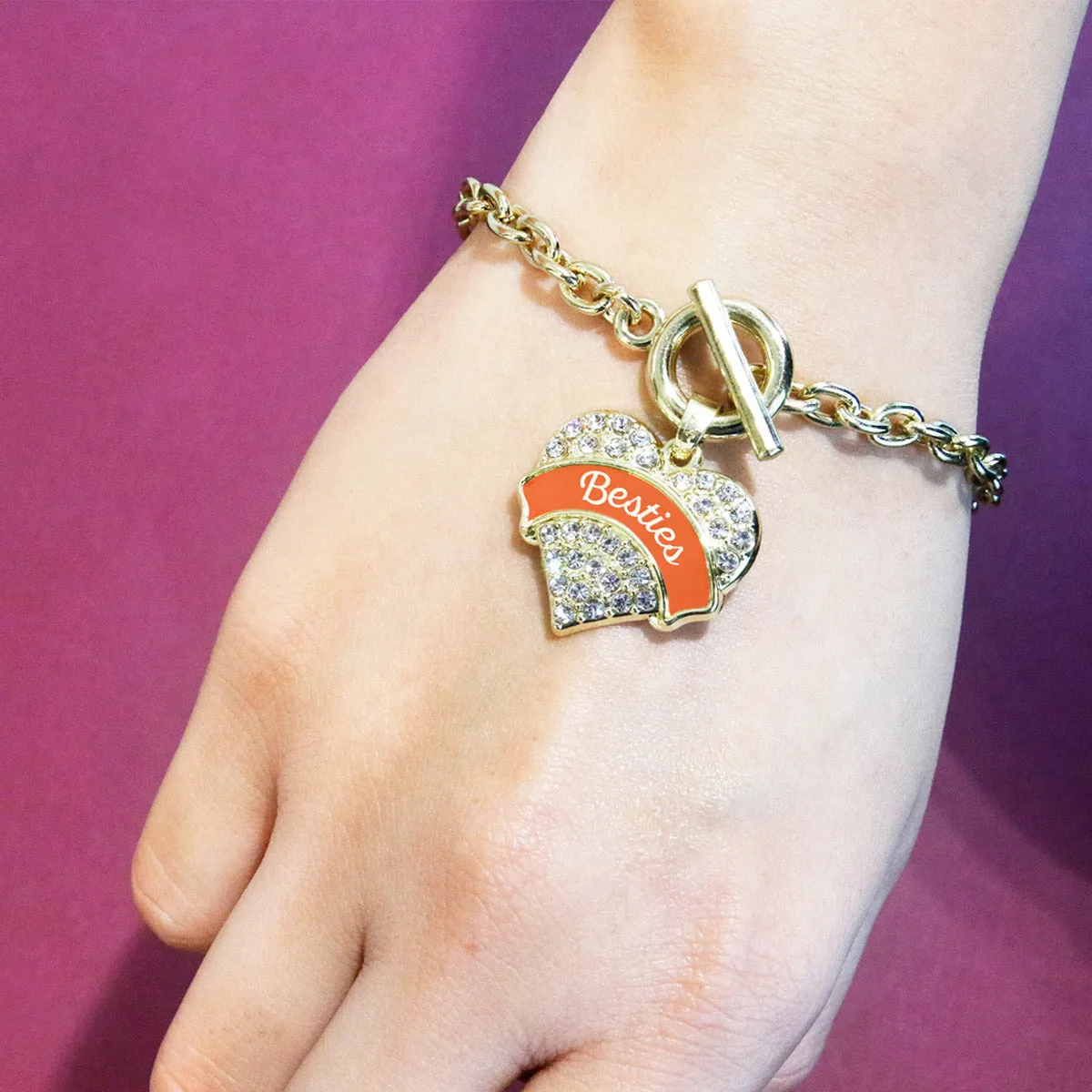 Gold Orange Besties Pave Heart Charm Toggle Bracelet