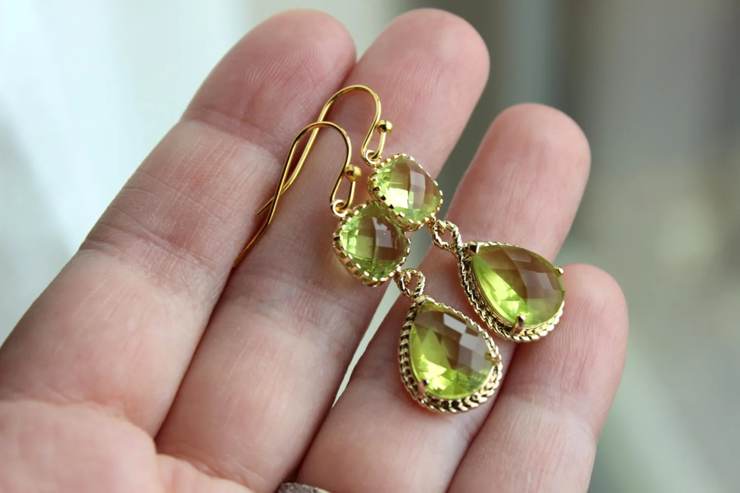 Gold Peridot Earrings Apple Green Two Tier Earrings - Peridot Jewelry - Chartreuse Earrings - Bridesmaid Jewelry - Wedding Jewelry Earrings