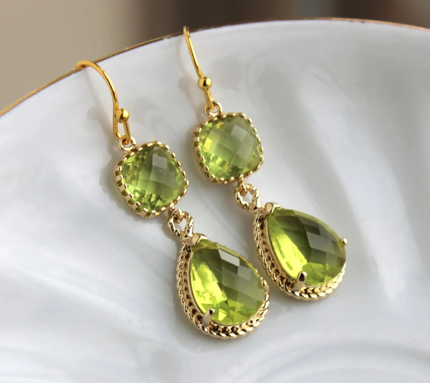 Gold Peridot Earrings Apple Green Two Tier Earrings - Peridot Jewelry - Chartreuse Earrings - Bridesmaid Jewelry - Wedding Jewelry Earrings