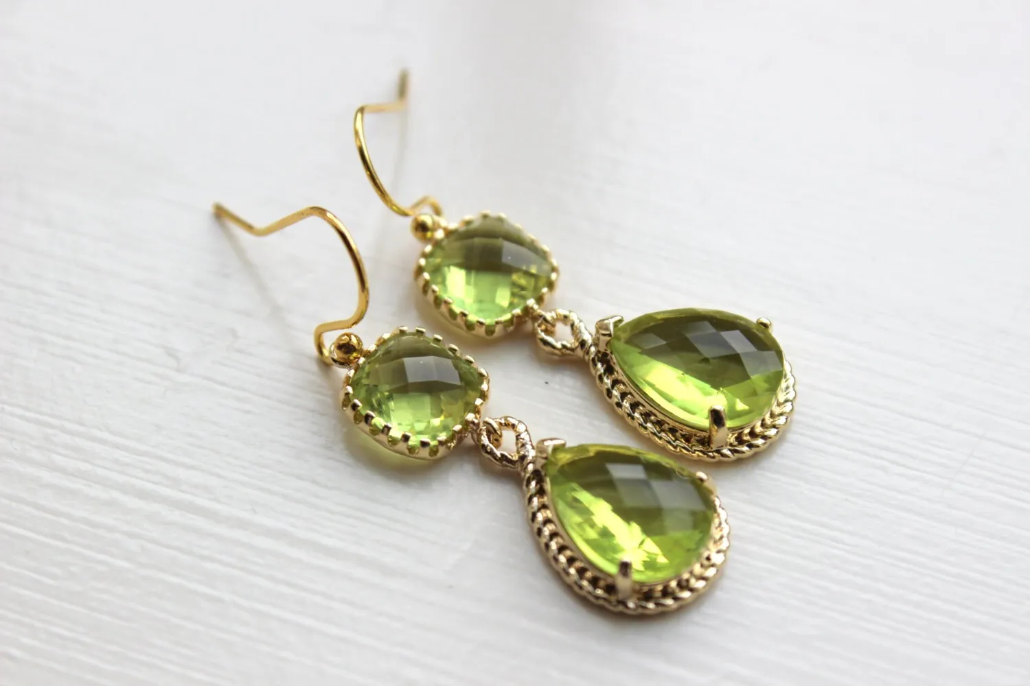 Gold Peridot Earrings Apple Green Two Tier Earrings - Peridot Jewelry - Chartreuse Earrings - Bridesmaid Jewelry - Wedding Jewelry Earrings