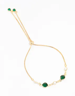 Gold Plated Cubic Zirconia Round Emerald & Pearl Toggle Bracelet