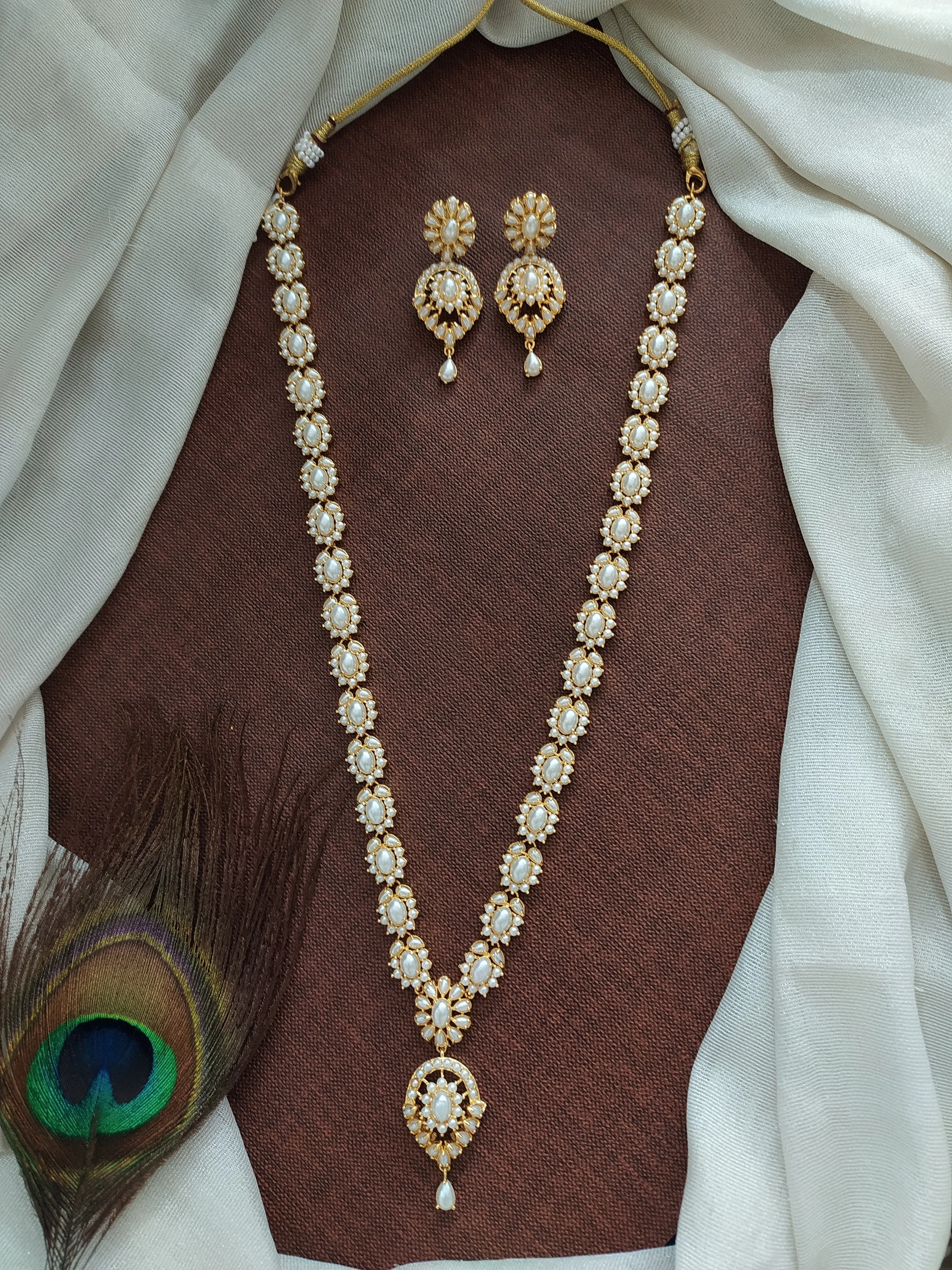 Gold-plated Floral Zircon Haram Set with Real Diamond-Look Stones in Pearls, White, Emerald, and Ruby