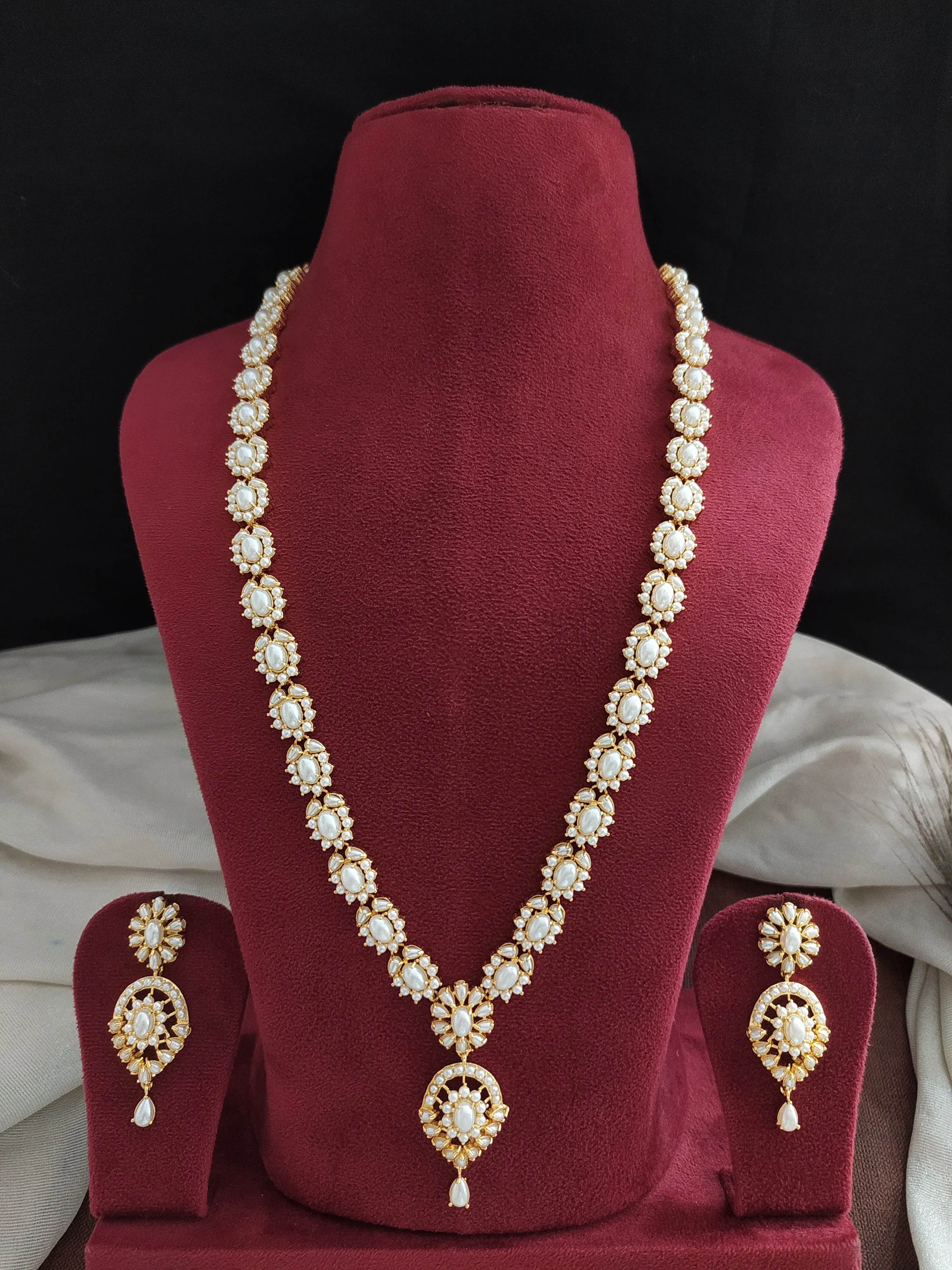 Gold-plated Floral Zircon Haram Set with Real Diamond-Look Stones in Pearls, White, Emerald, and Ruby