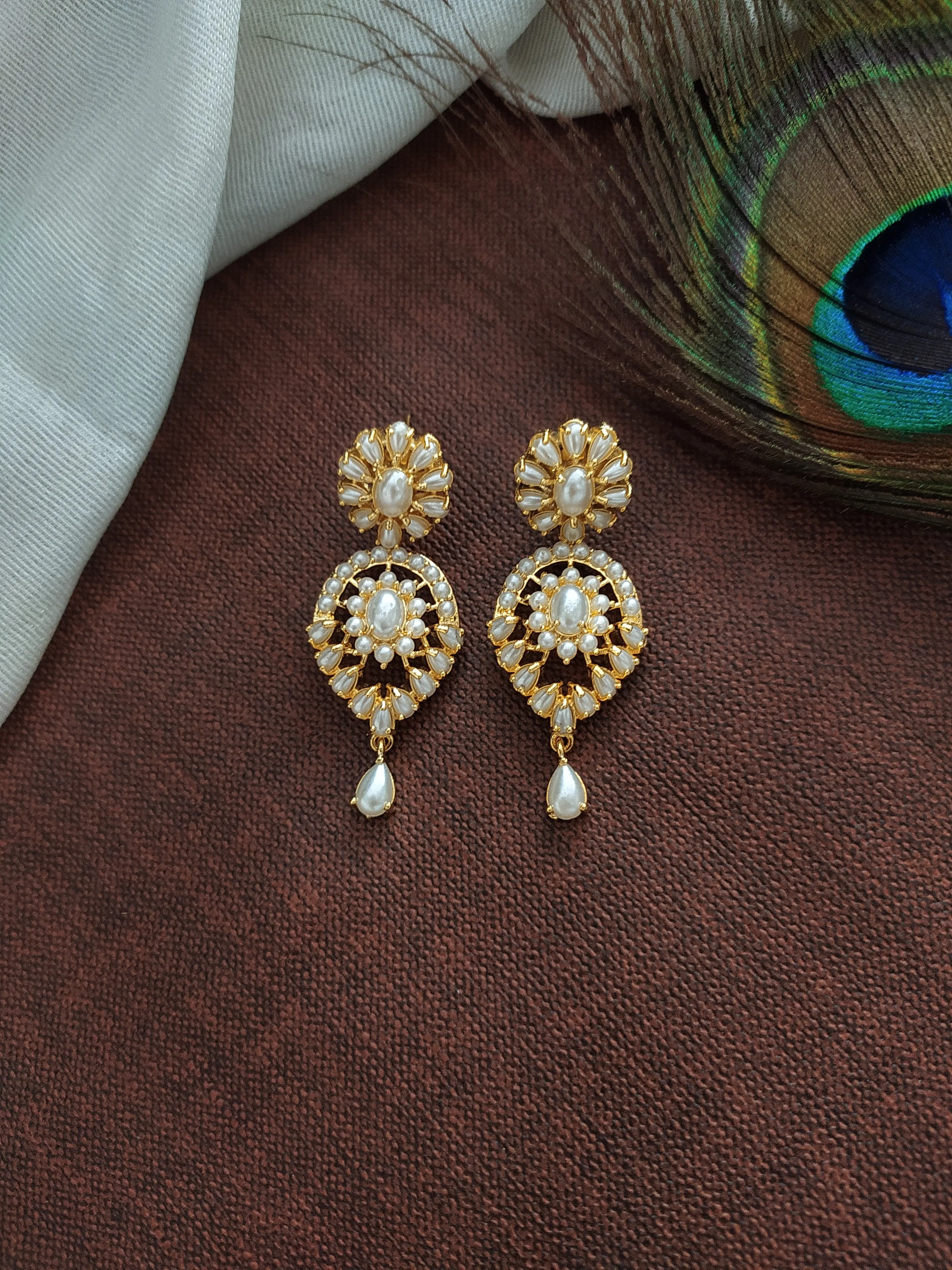 Gold-plated Floral Zircon Haram Set with Real Diamond-Look Stones in Pearls, White, Emerald, and Ruby