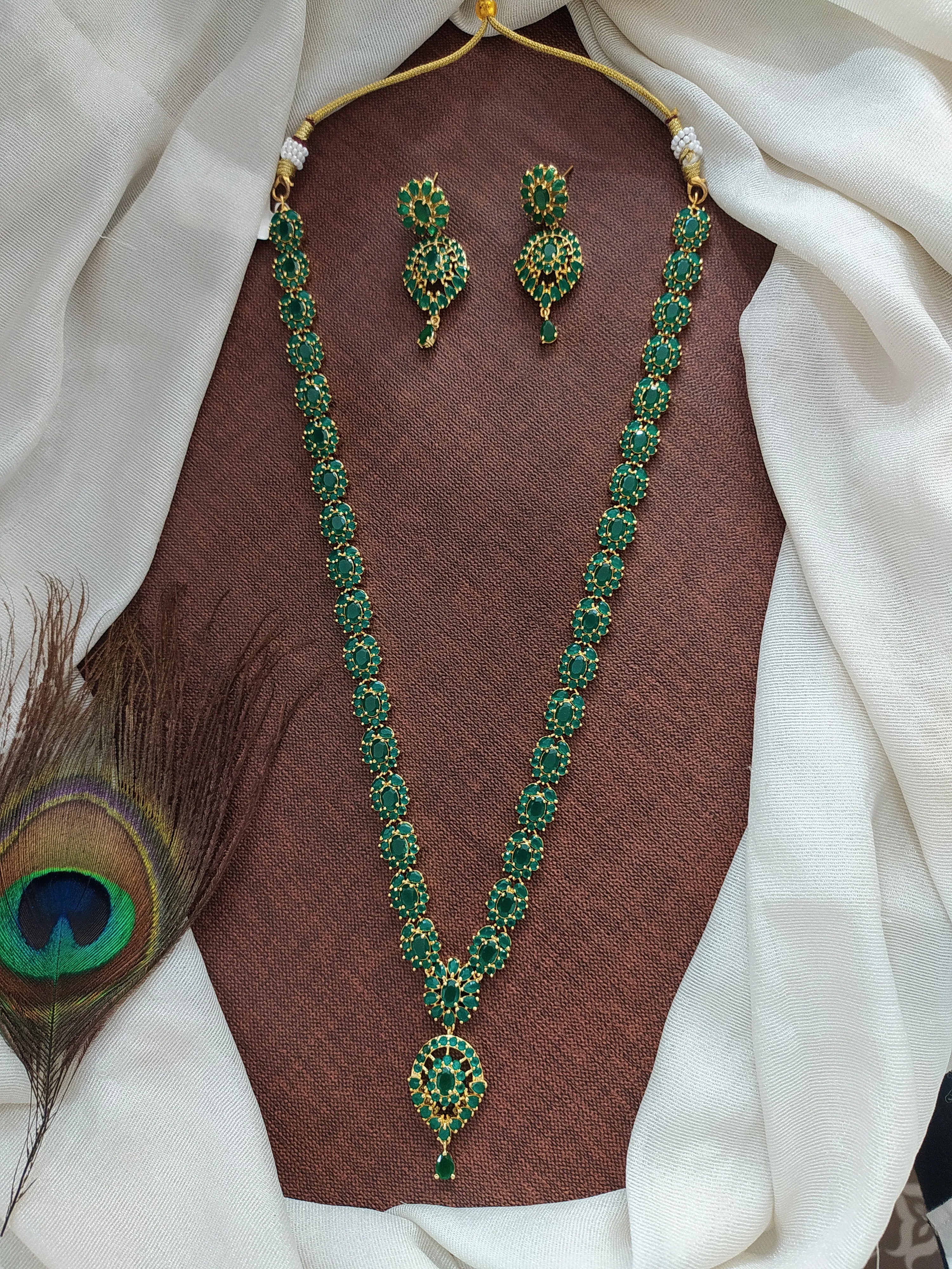 Gold-plated Floral Zircon Haram Set with Real Diamond-Look Stones in Pearls, White, Emerald, and Ruby