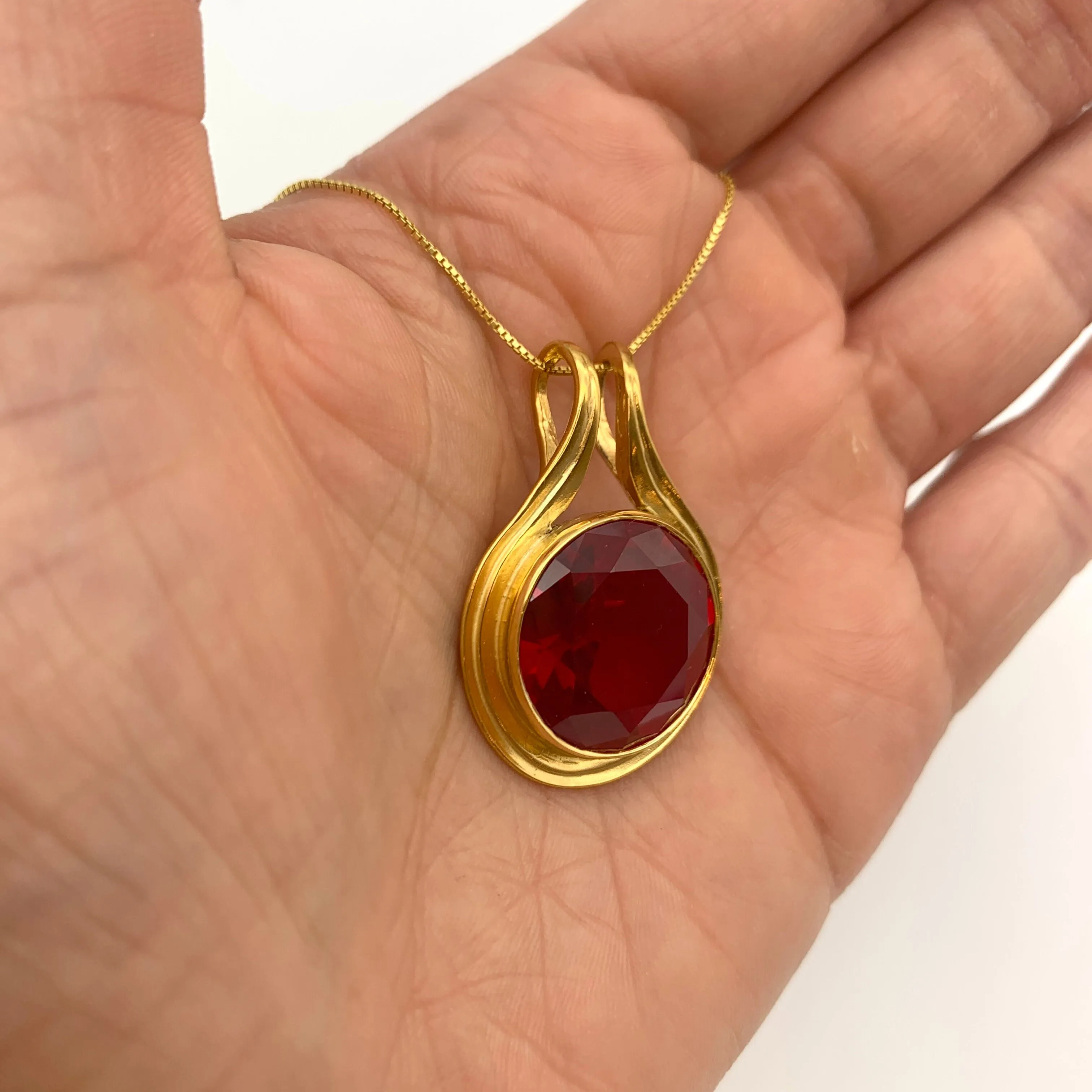 Gold Ruby Pendant - Large Red Necklace - Round Statement Necklace