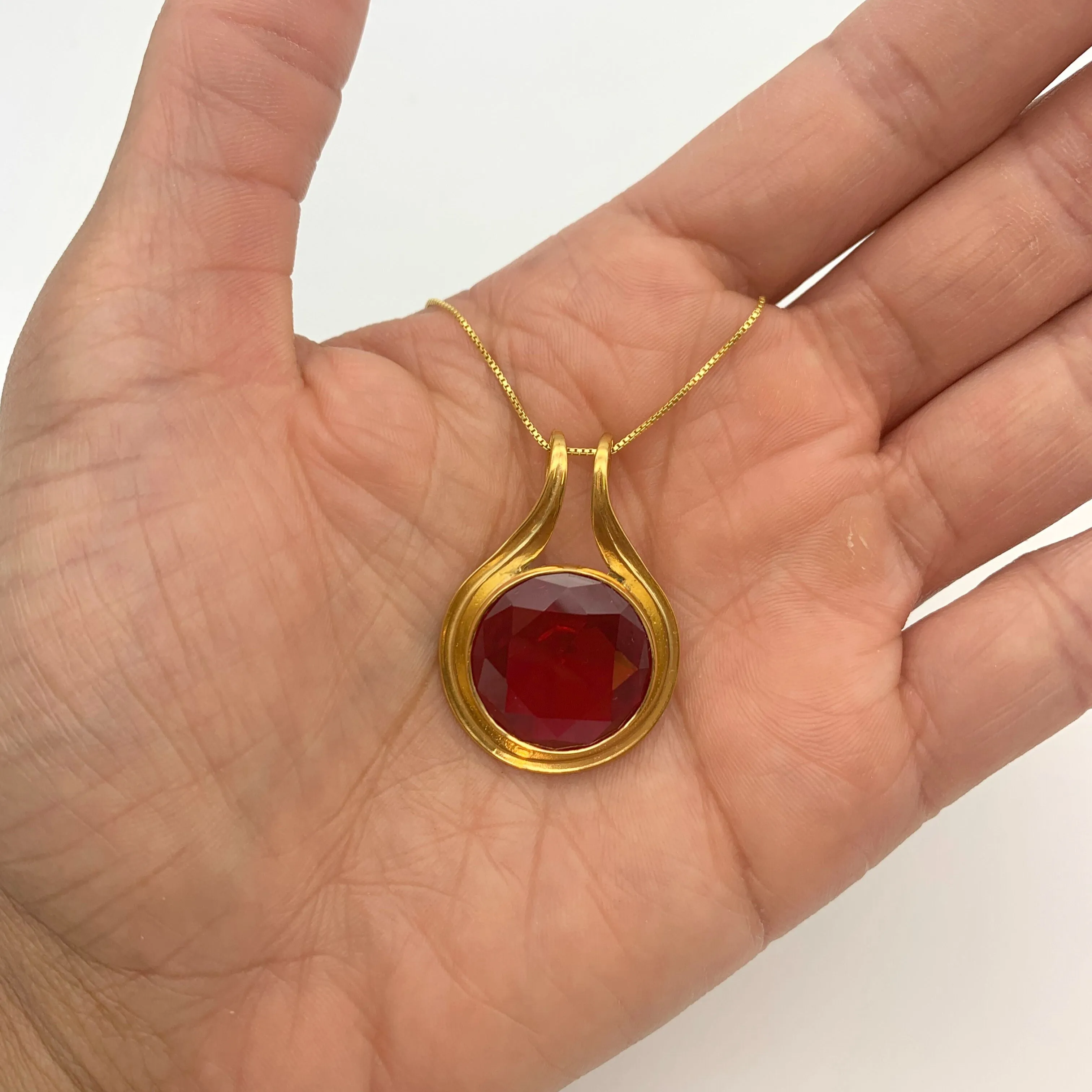 Gold Ruby Pendant - Large Red Necklace - Round Statement Necklace