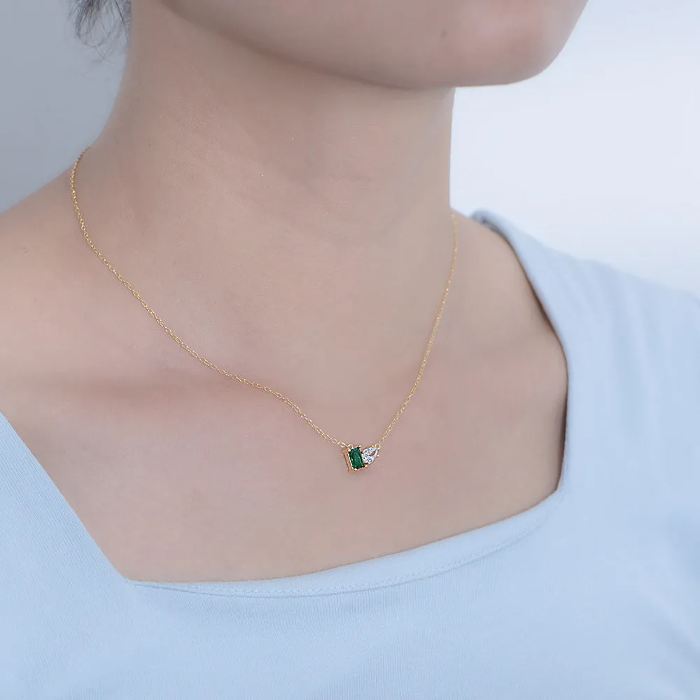 Green Rectangular Zircon and Water Drop Zircon Silver Necklace