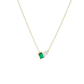 Green Rectangular Zircon and Water Drop Zircon Silver Necklace