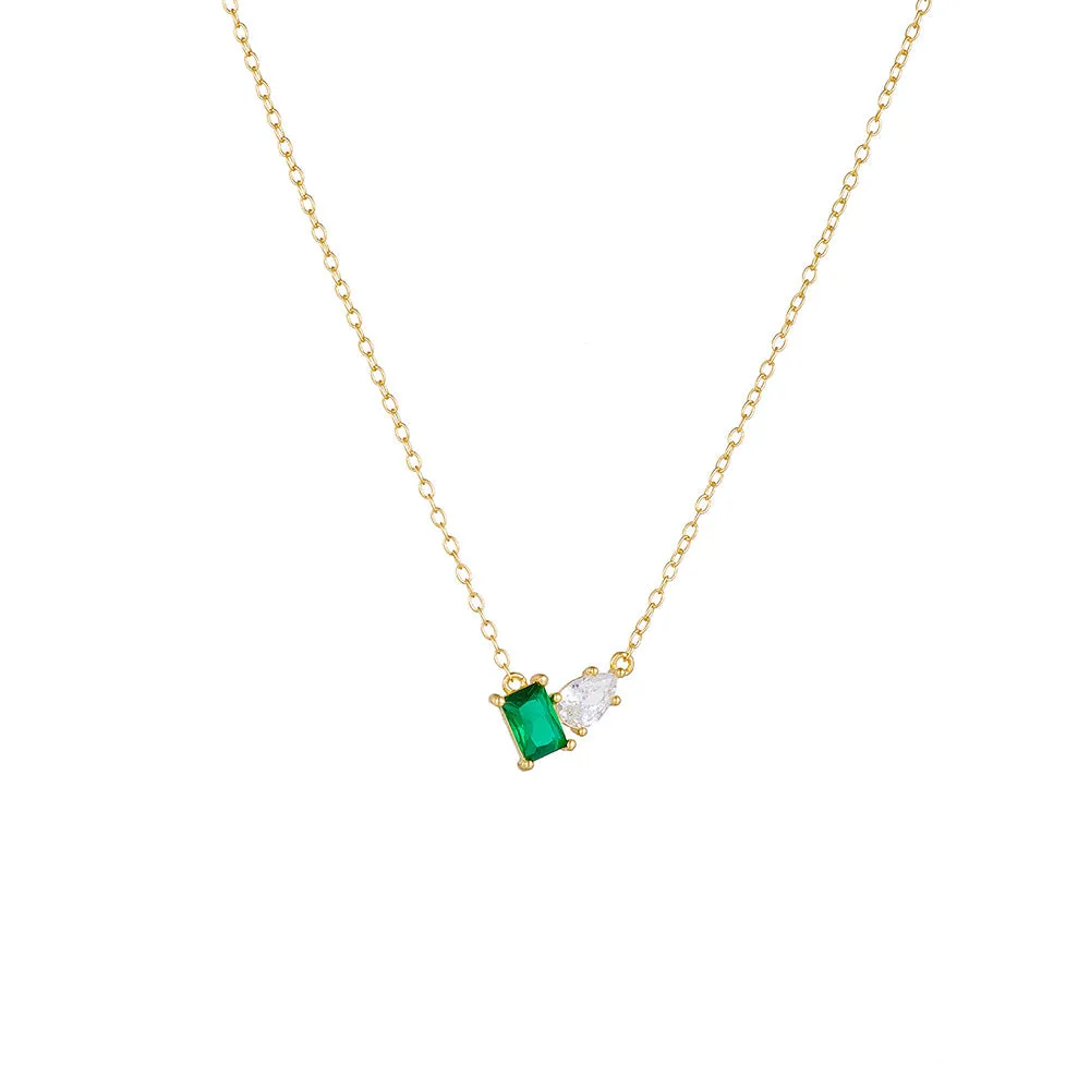 Green Rectangular Zircon and Water Drop Zircon Silver Necklace