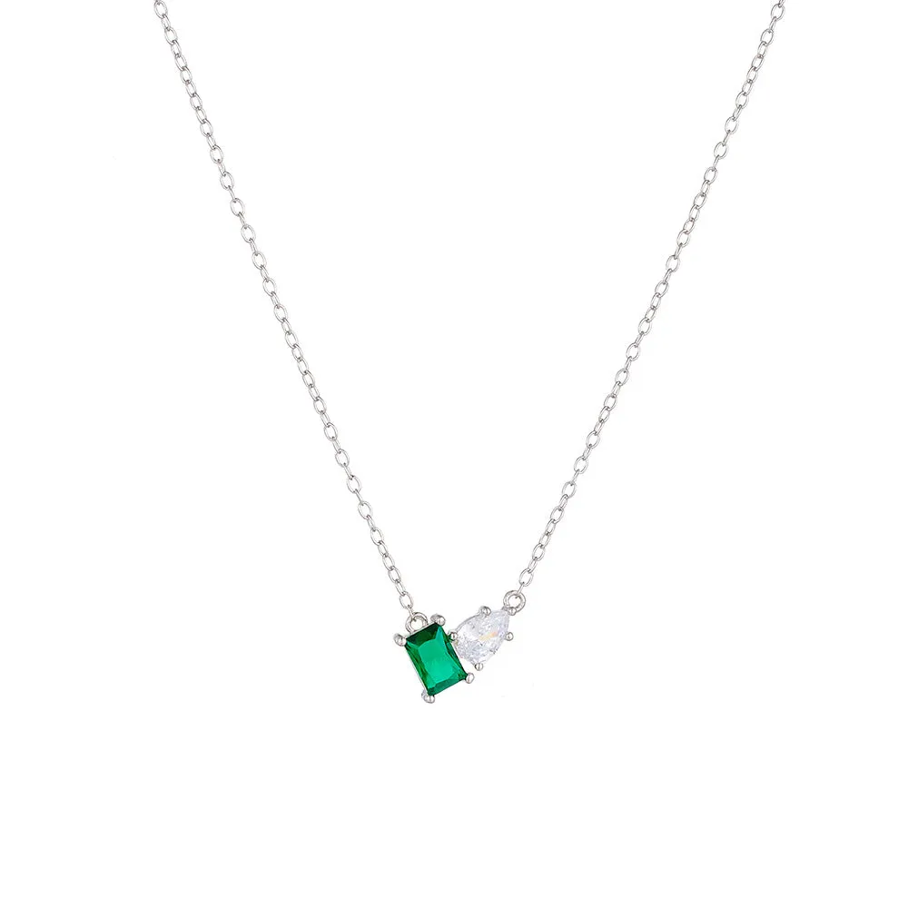 Green Rectangular Zircon and Water Drop Zircon Silver Necklace