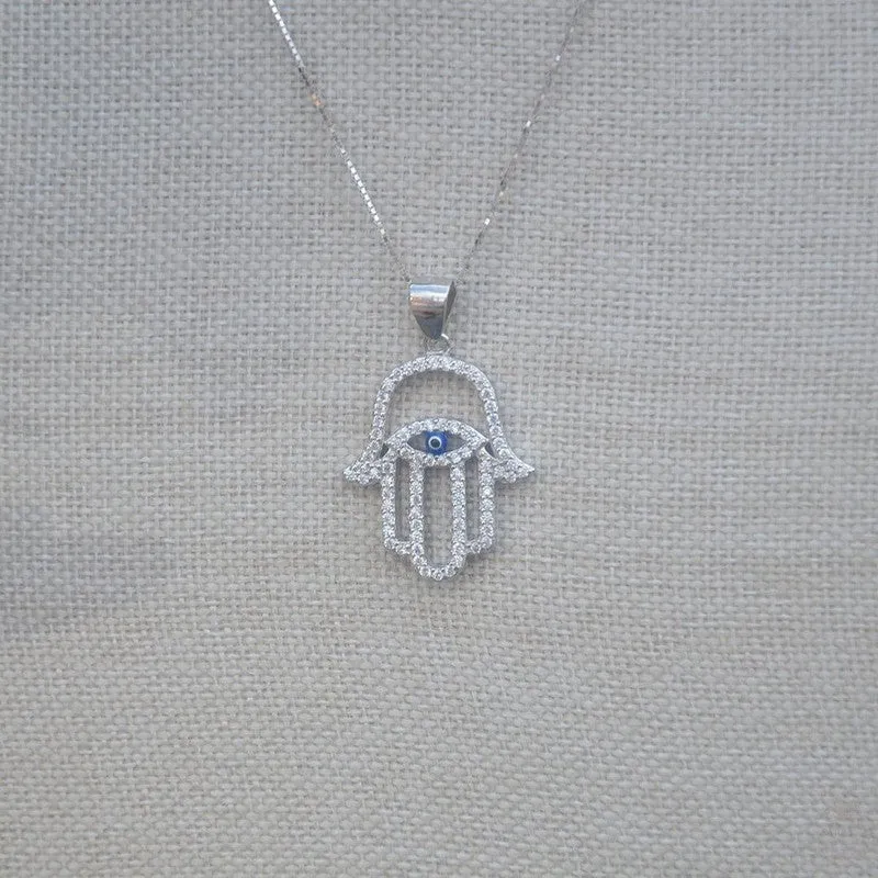 Hamsa Hand with Evil Eye Necklace - Sterling Silver