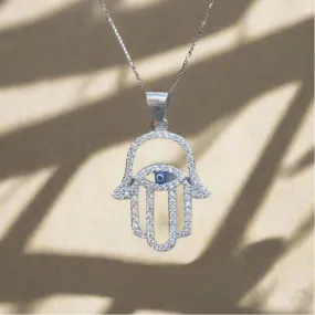 Hamsa Hand with Evil Eye Necklace - Sterling Silver