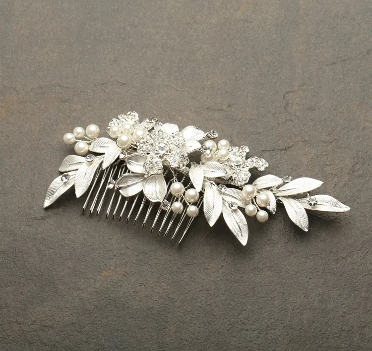 Hand Painted Leaves and Pave Crystals Bridal Hair Comb