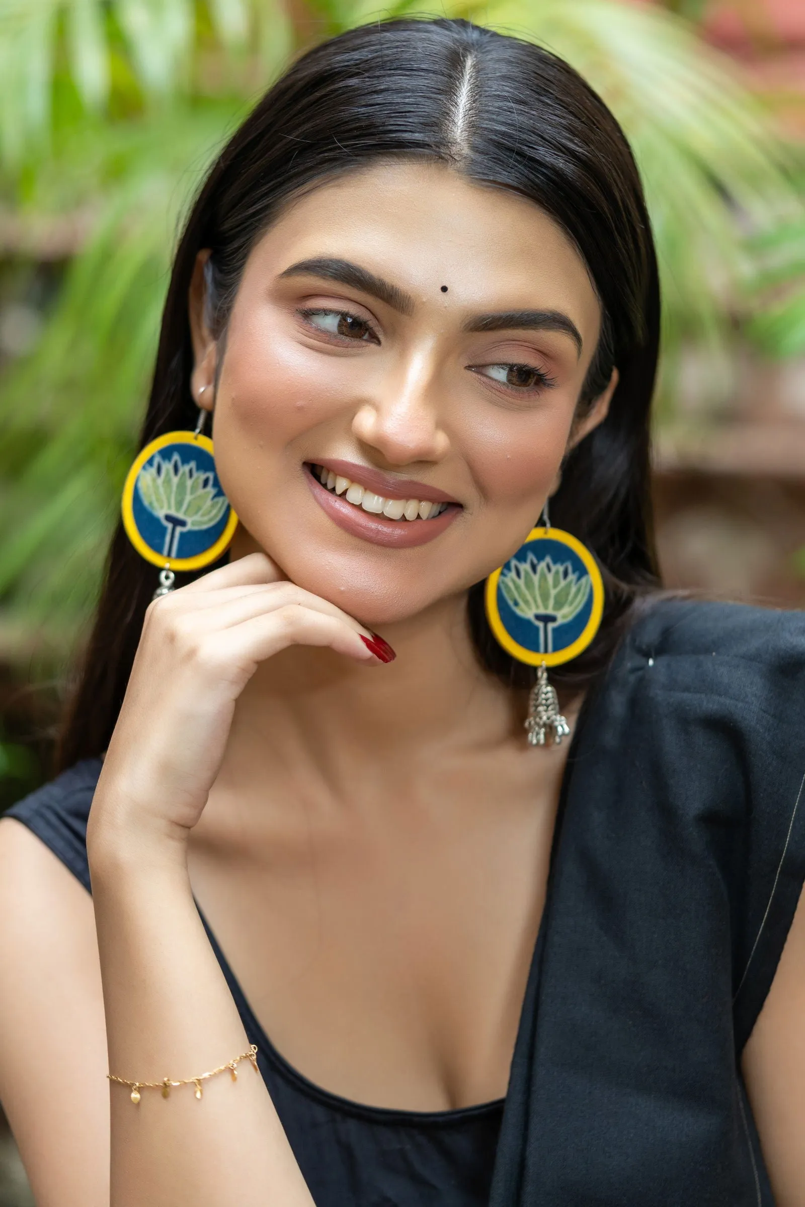 Handmade Fabric with German Silver Jhumka Earrings in Vibrant Yellow, Blue, Green - Unique Artisan Design