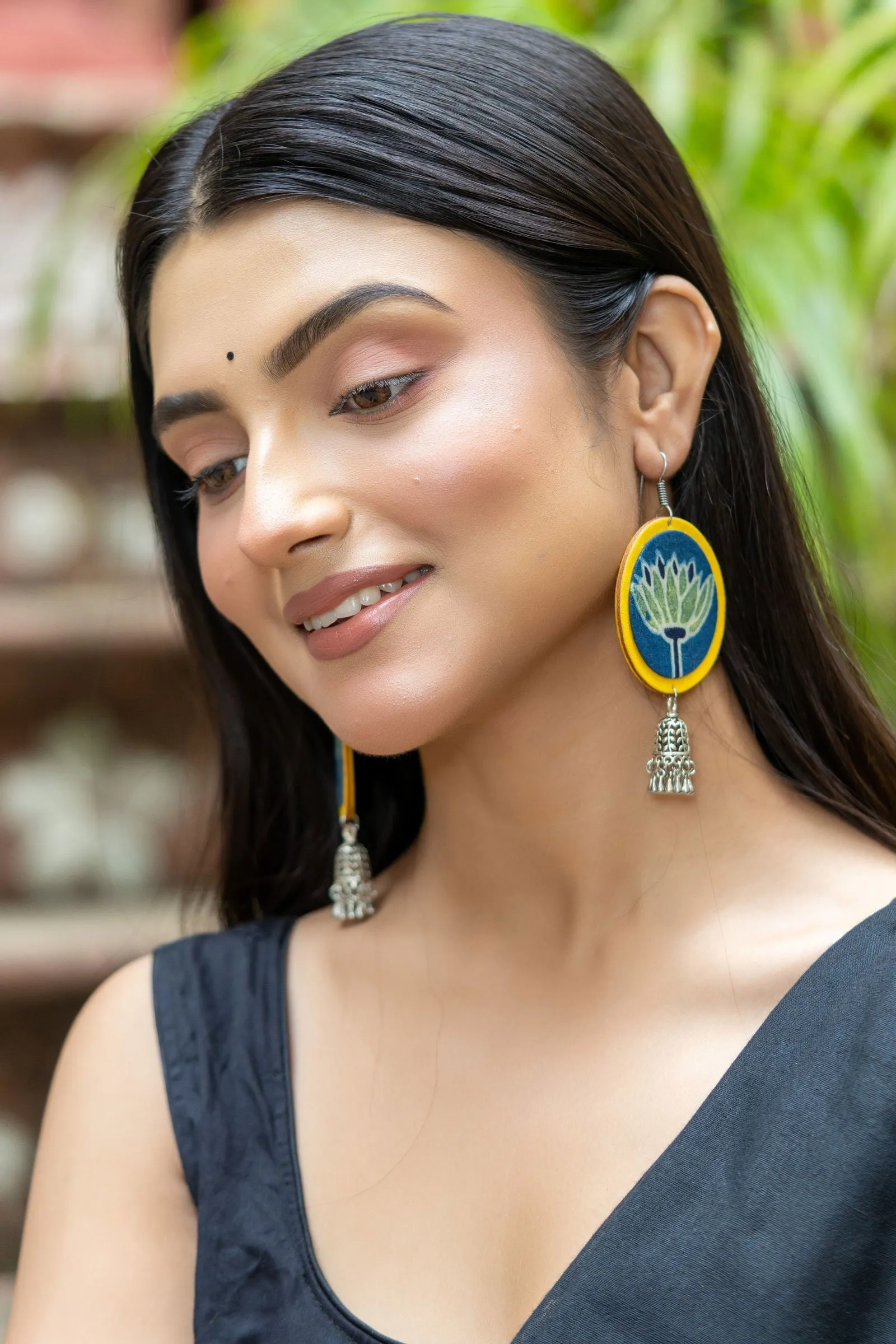 Handmade Fabric with German Silver Jhumka Earrings in Vibrant Yellow, Blue, Green - Unique Artisan Design