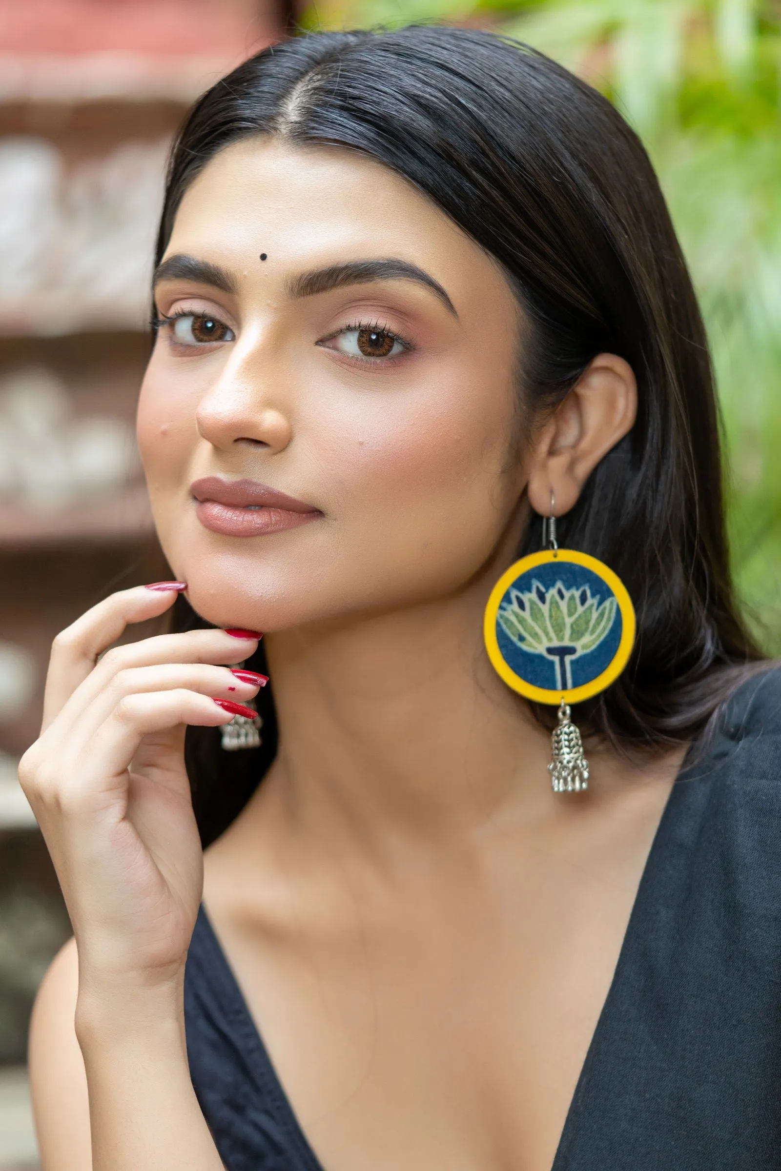 Handmade Fabric with German Silver Jhumka Earrings in Vibrant Yellow, Blue, Green - Unique Artisan Design