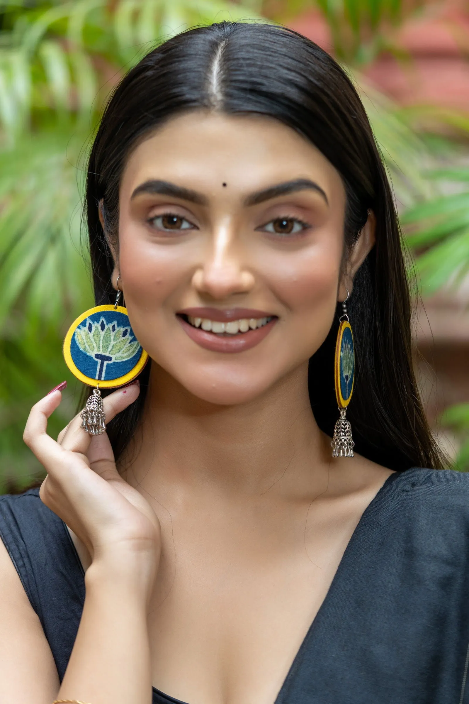 Handmade Fabric with German Silver Jhumka Earrings in Vibrant Yellow, Blue, Green - Unique Artisan Design