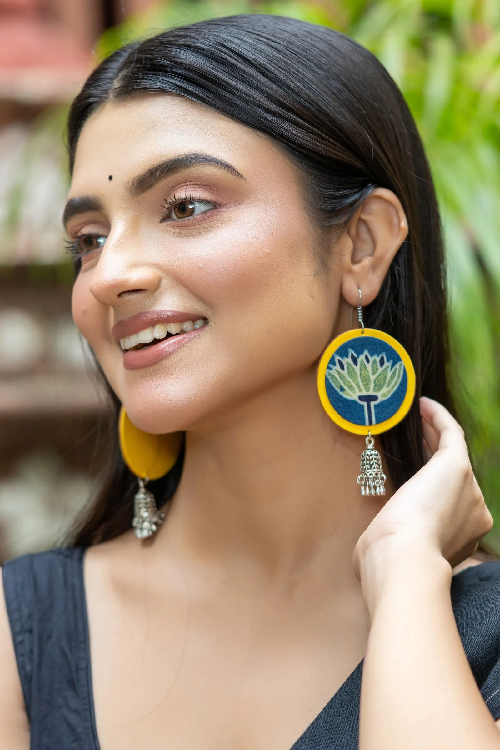 Handmade Fabric with German Silver Jhumka Earrings in Vibrant Yellow, Blue, Green - Unique Artisan Design