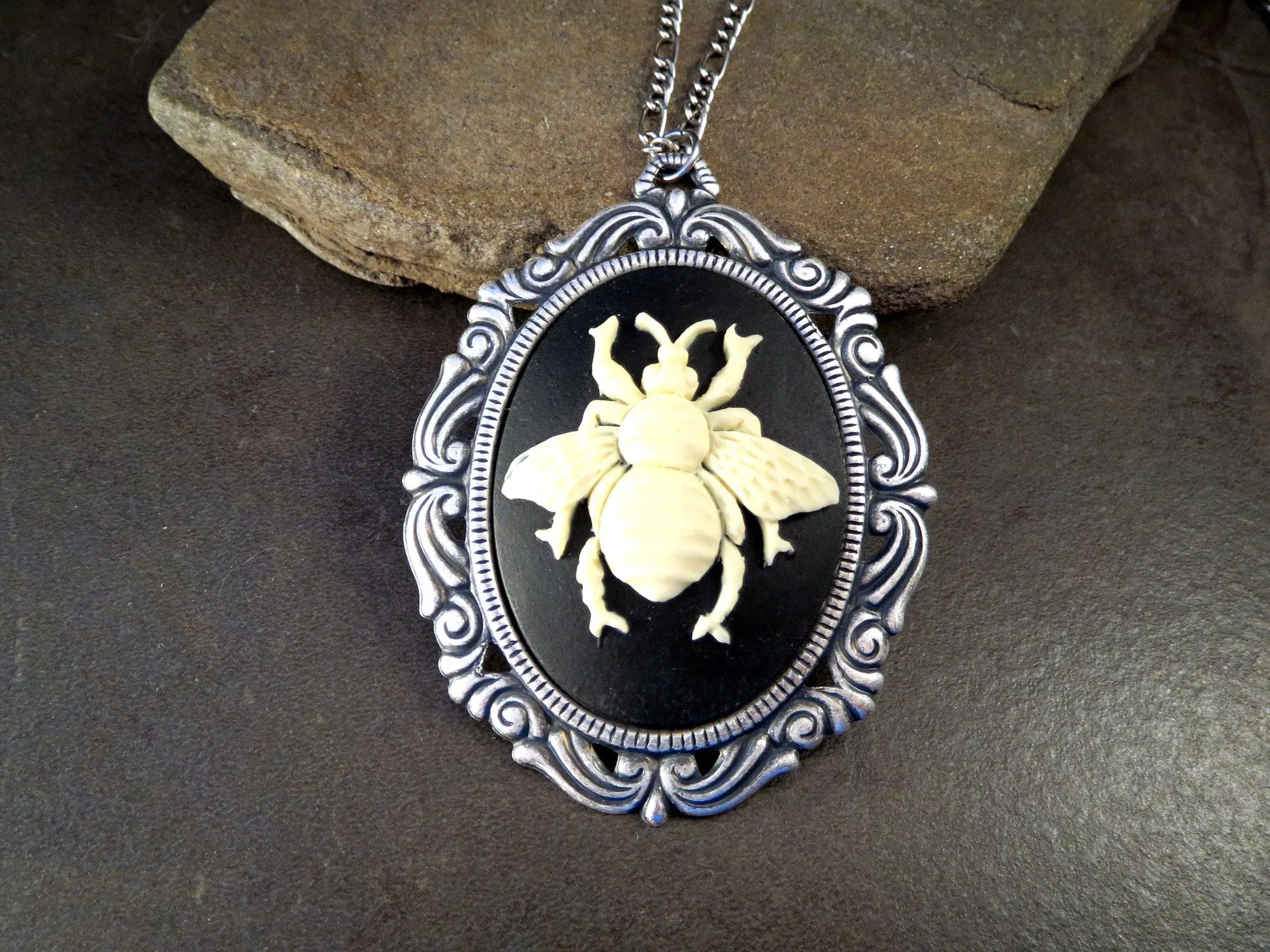 Handmade Oxidized Silver Victorian Bee Cameo Necklace