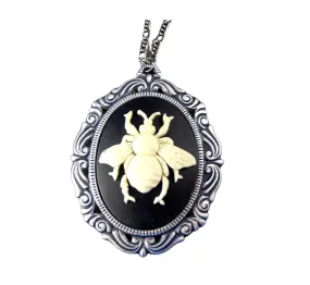 Handmade Oxidized Silver Victorian Bee Cameo Necklace