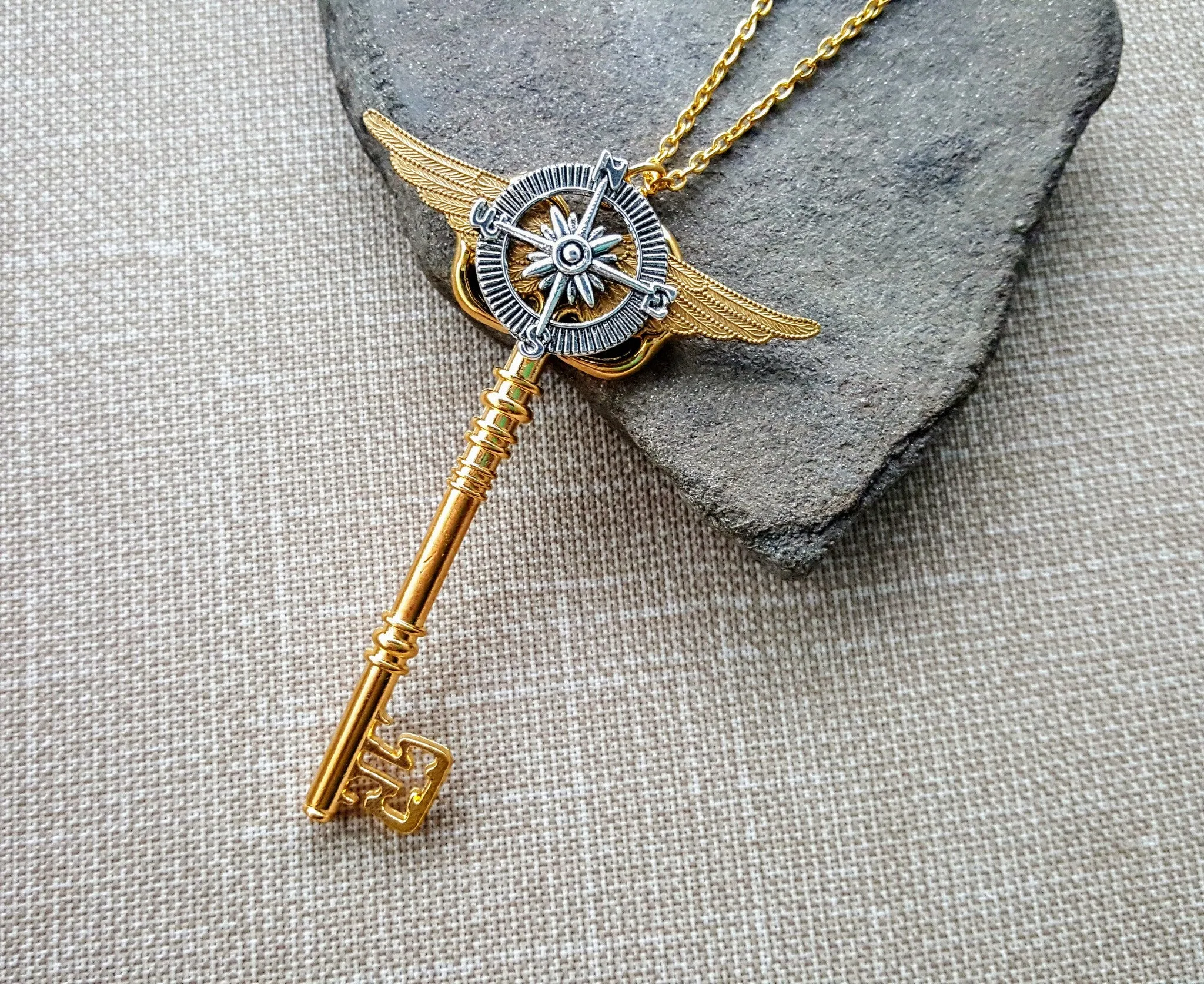 Handmade Steampunk Compass Key Necklace