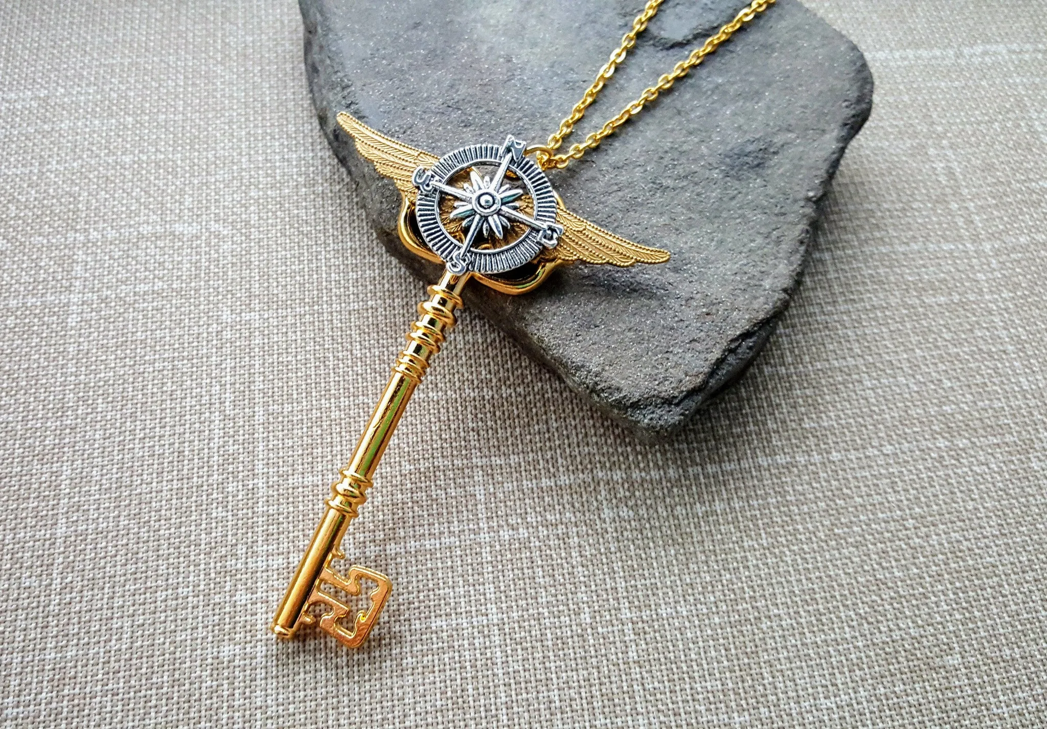 Handmade Steampunk Compass Key Necklace