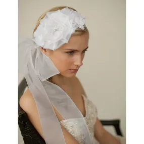 Handmade White Silk Flower Bridal Headband with Wide Sheer Ribbon