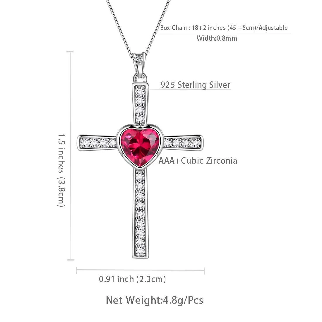 Heart Birthstone July Ruby Cross Necklace Pendant Women Girls Jewelry Birthday Gift