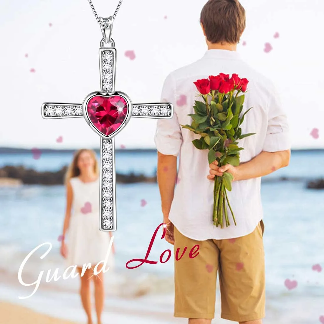 Heart Birthstone July Ruby Cross Necklace Pendant Women Girls Jewelry Birthday Gift