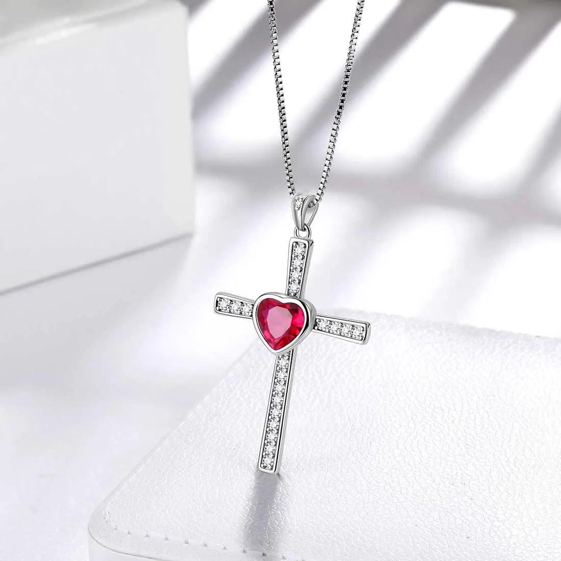 Heart Birthstone July Ruby Cross Necklace Pendant Women Girls Jewelry Birthday Gift