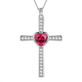 Heart Birthstone July Ruby Cross Necklace Pendant Women Girls Jewelry Birthday Gift