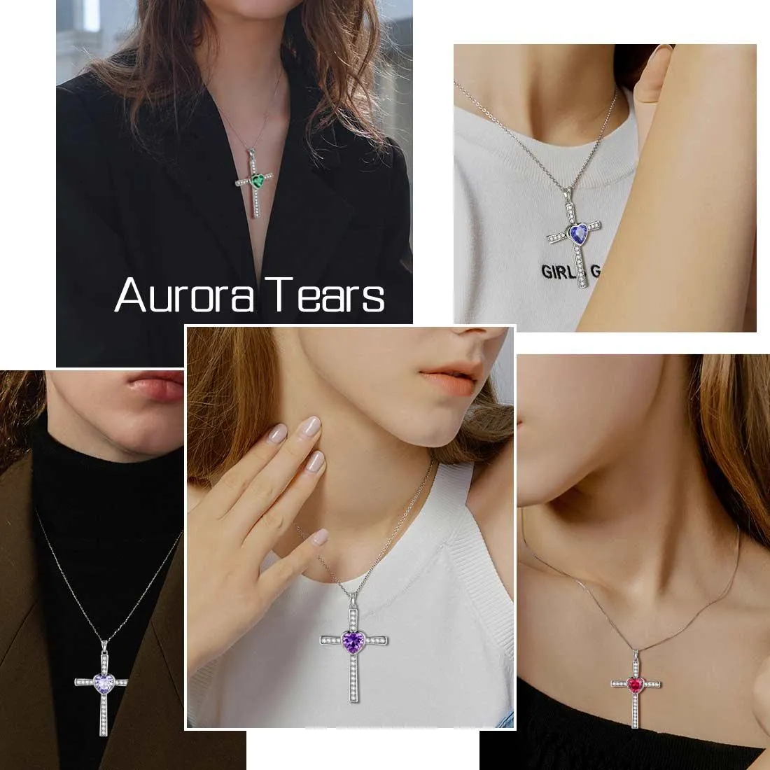 Heart Birthstone July Ruby Cross Necklace Pendant Women Girls Jewelry Birthday Gift