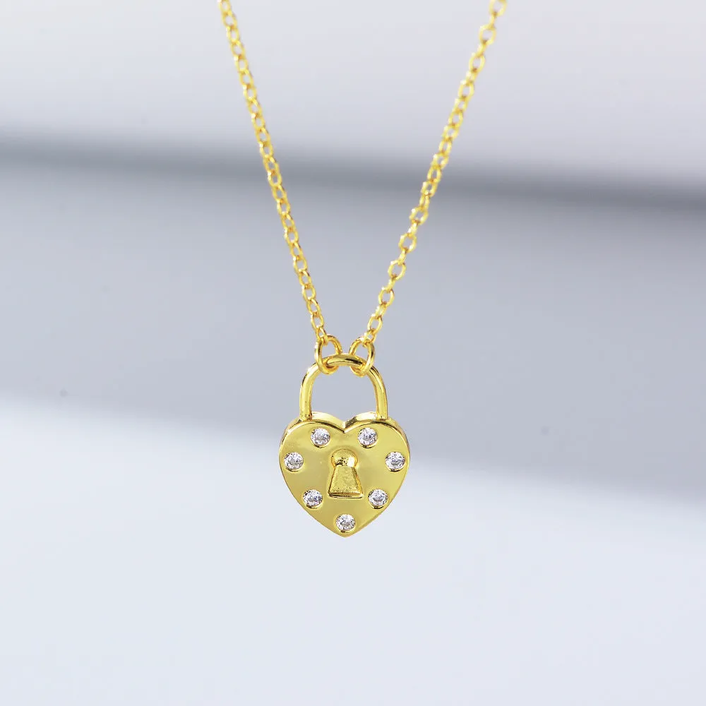 Heart-shaped Lock with Zircon Pendant Sterling Silver Necklace for Women