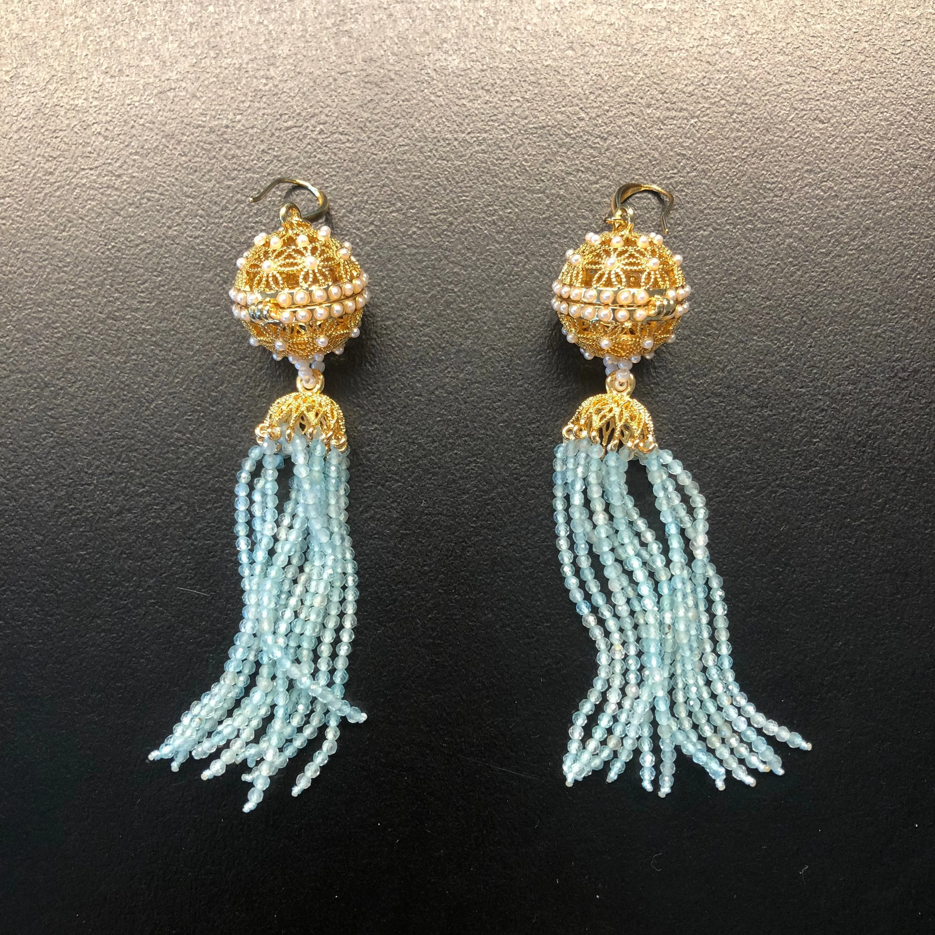 Herbal Locket Crystal Tassel Earrings - Aquamarine