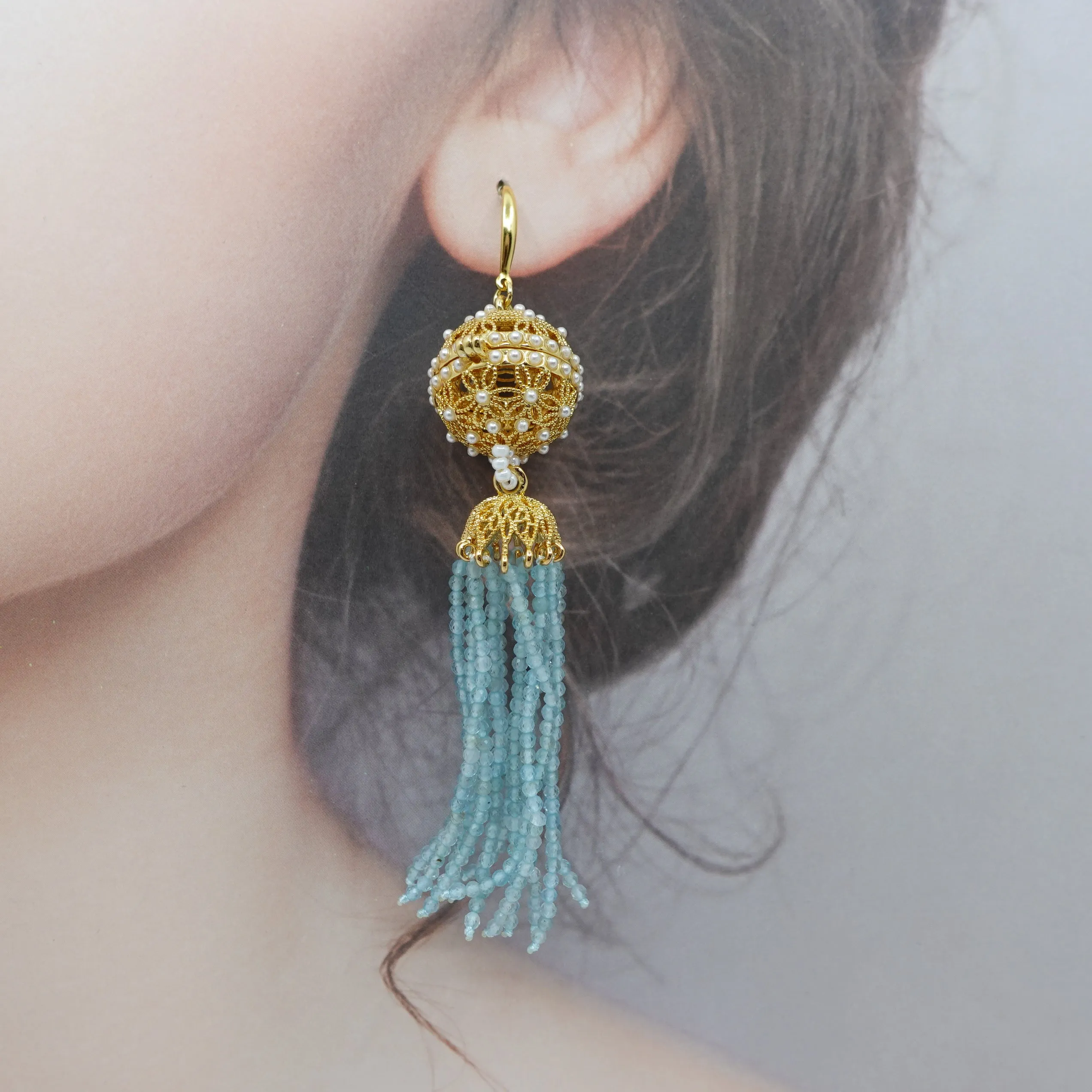 Herbal Locket Crystal Tassel Earrings - Aquamarine