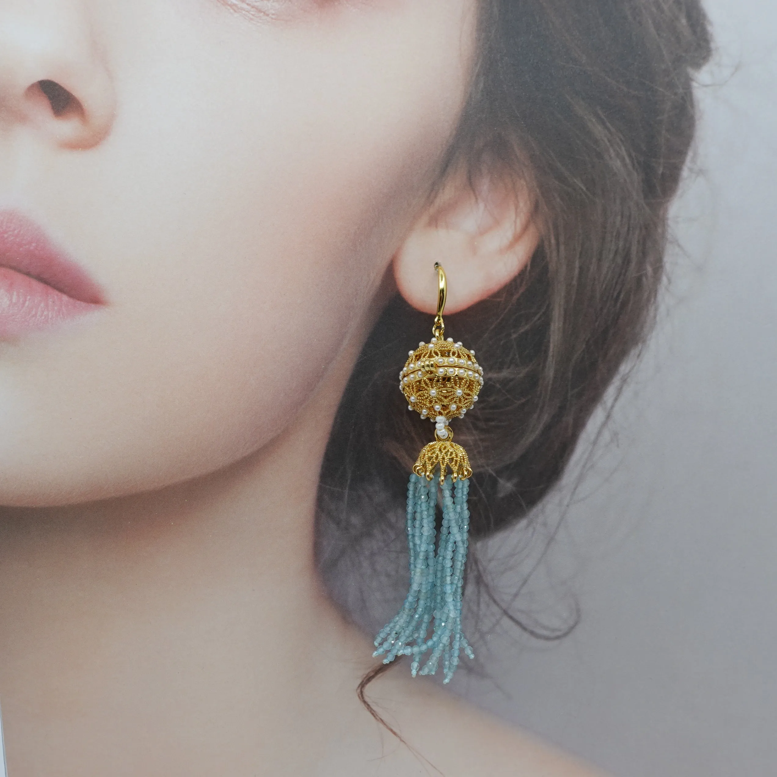 Herbal Locket Crystal Tassel Earrings - Aquamarine