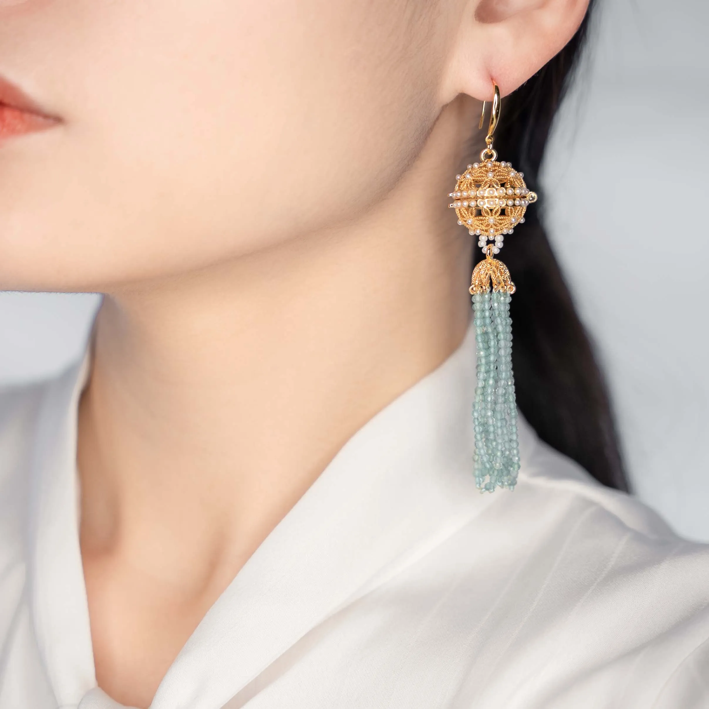 Herbal Locket Crystal Tassel Earrings - Aquamarine