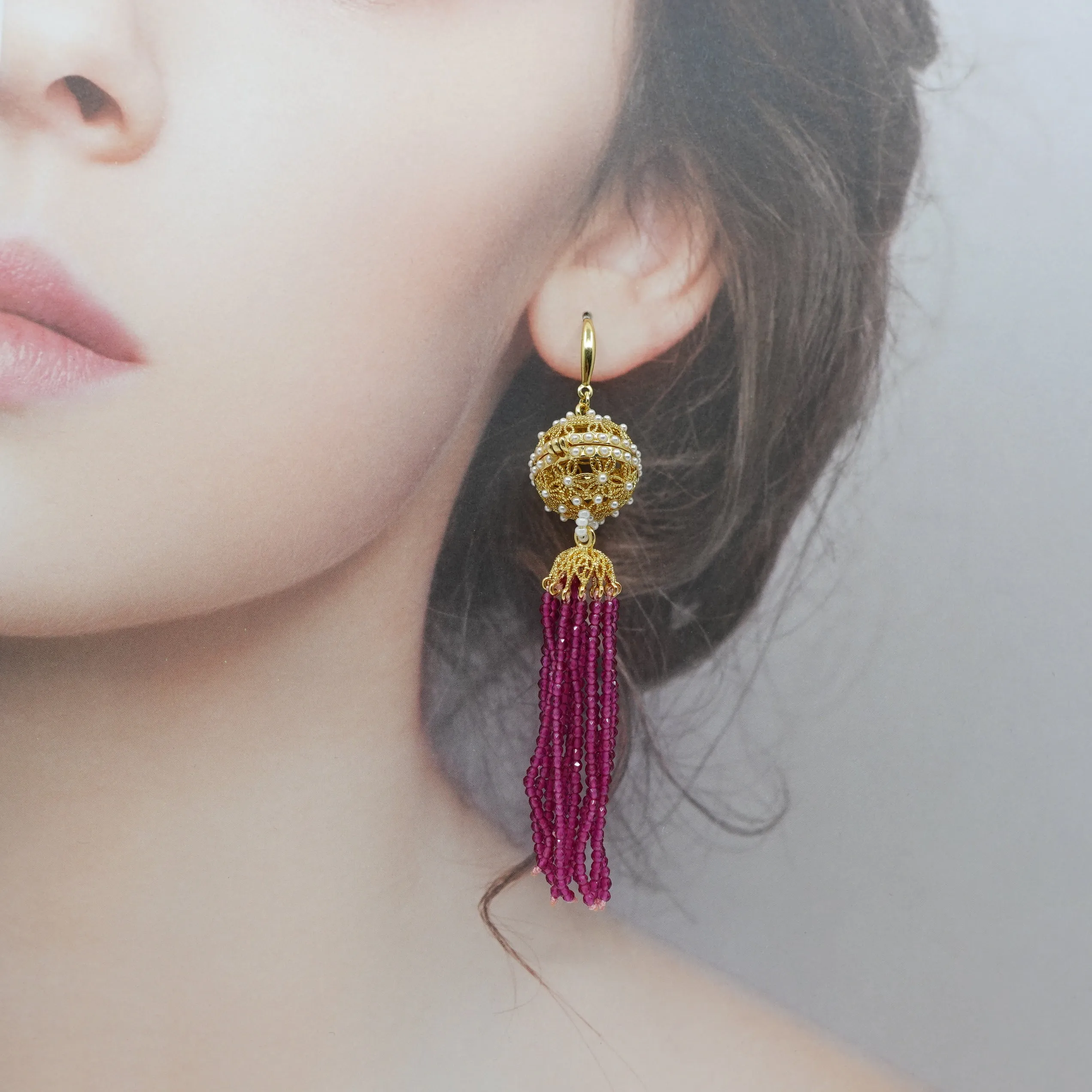 Herbal Locket Crystal Tassel Earrings - Fuchsia Zirconia