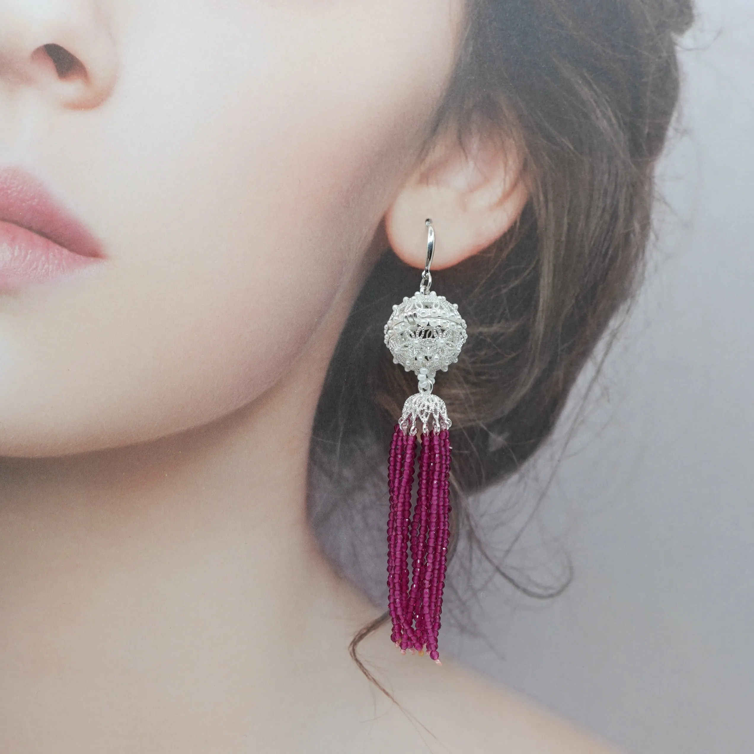 Herbal Locket Crystal Tassel Earrings - Fuchsia Zirconia