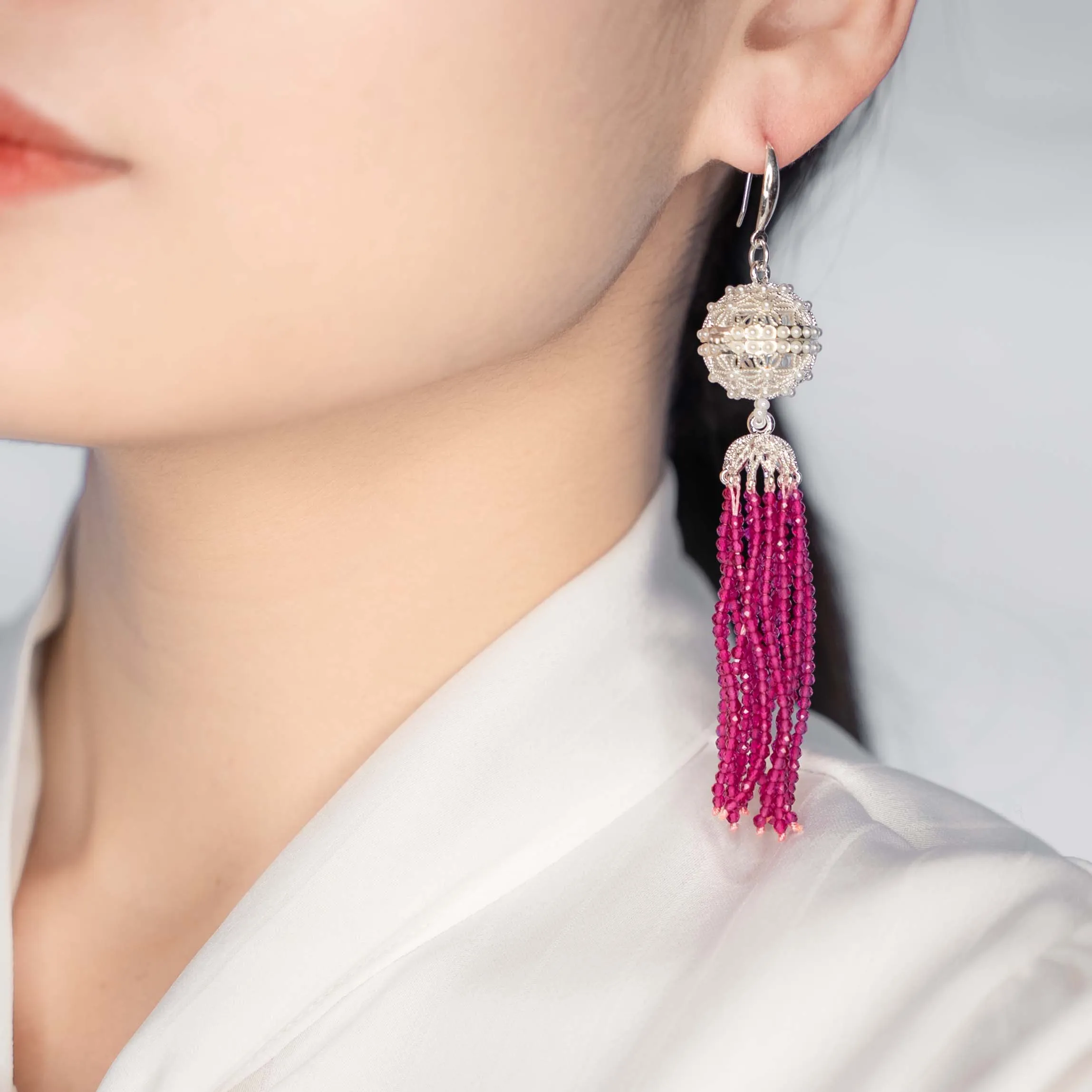 Herbal Locket Crystal Tassel Earrings - Fuchsia Zirconia