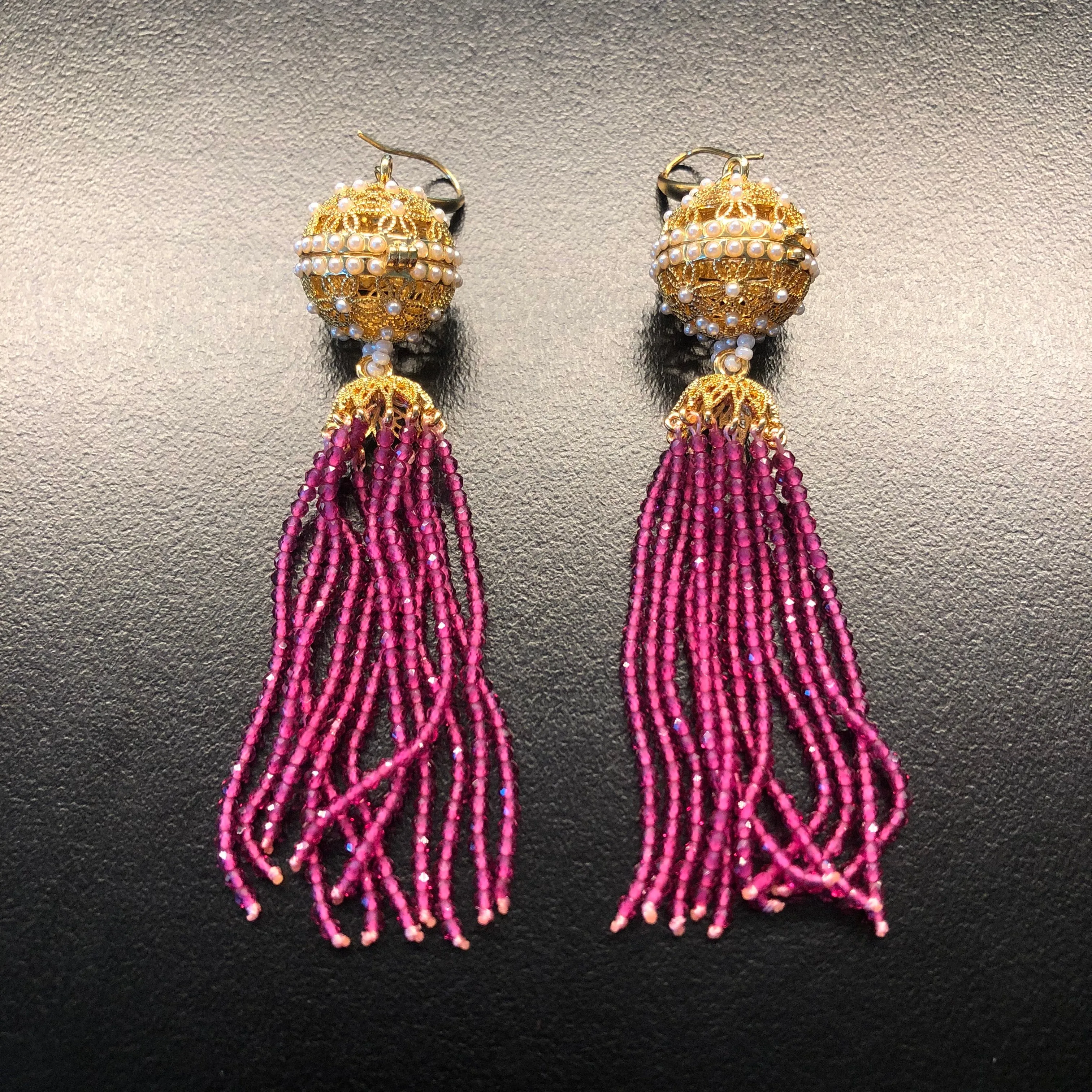 Herbal Locket Crystal Tassel Earrings - Fuchsia Zirconia