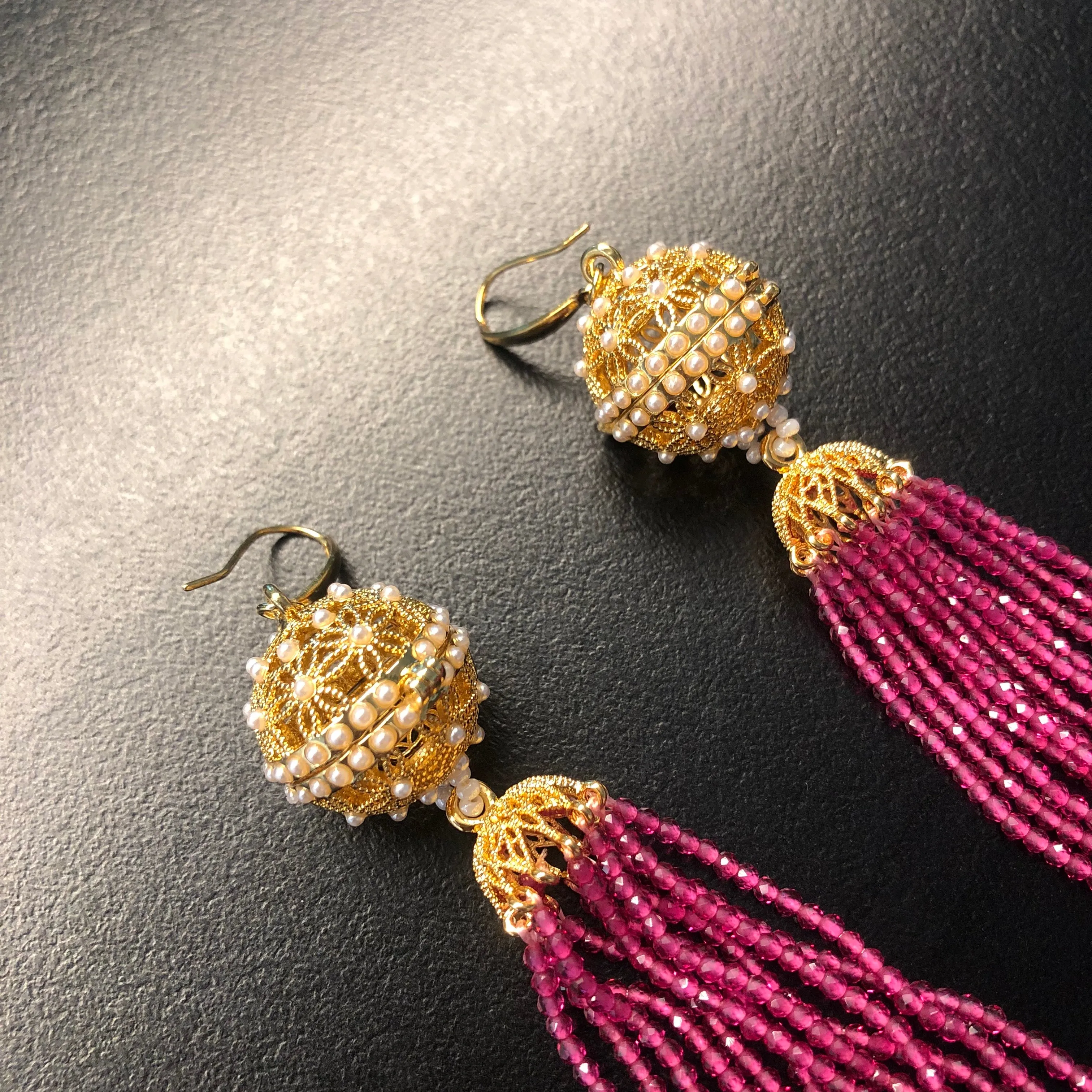 Herbal Locket Crystal Tassel Earrings - Fuchsia Zirconia