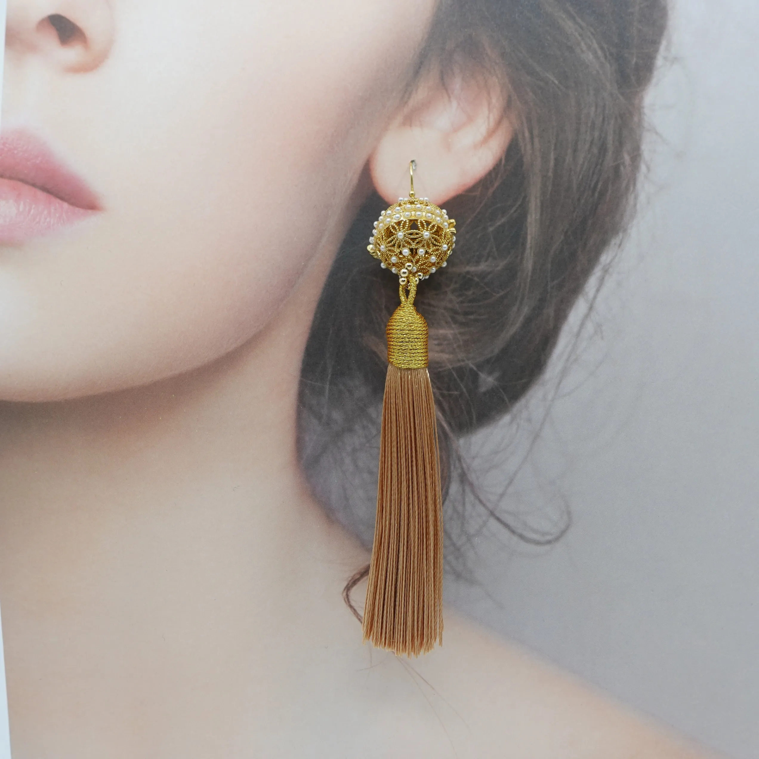 Herbal Locket Silk Tassel Earrings - Light Chocolate